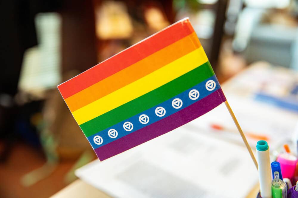Pride flag with GVSU symbol on the blue stripe